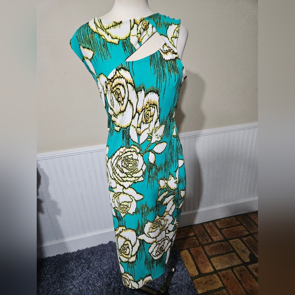 EUC Dots Turquoise Floral Sheath Dress with White and Gold Roses